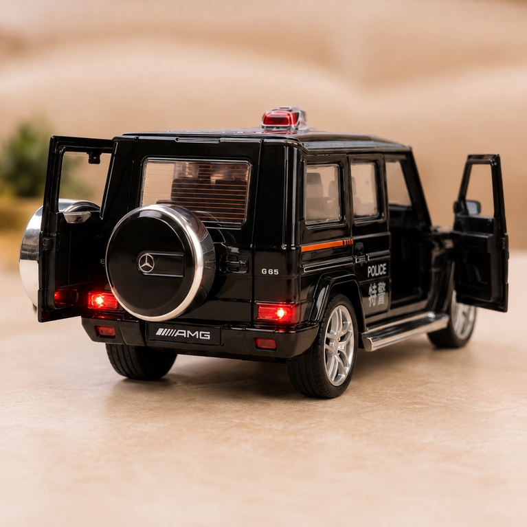 Mercedes-Benz G65 Style Alloy Police Car Toy for Kids | Pull-Back Die-Cast SUV with Light & Sound – Black