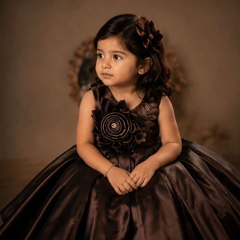 Chocolate Brown Satin Floral Party Dress