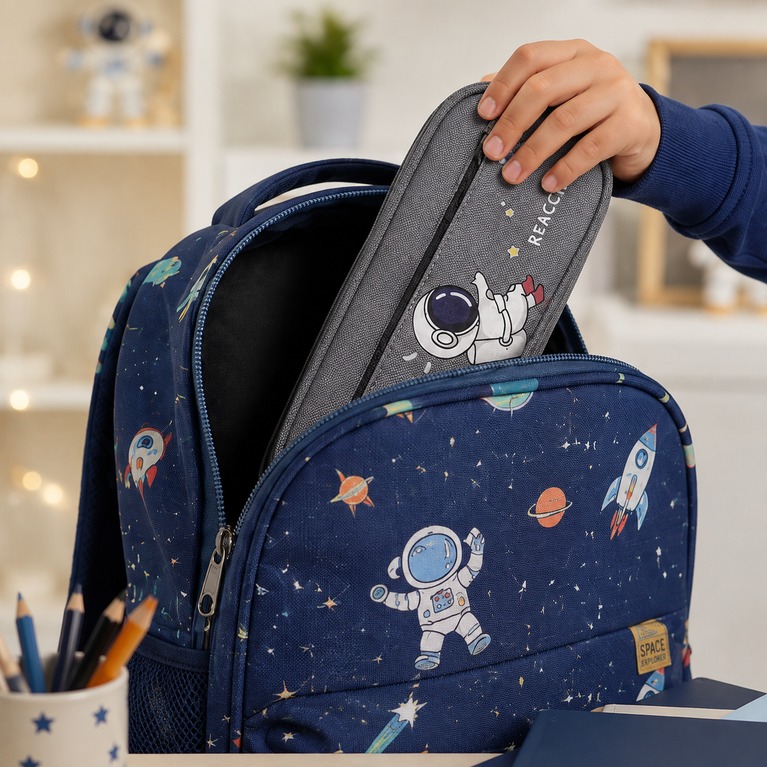 Space Explorer Astronaut Pencil Pouch with Cute Astronaut Charm – Grey