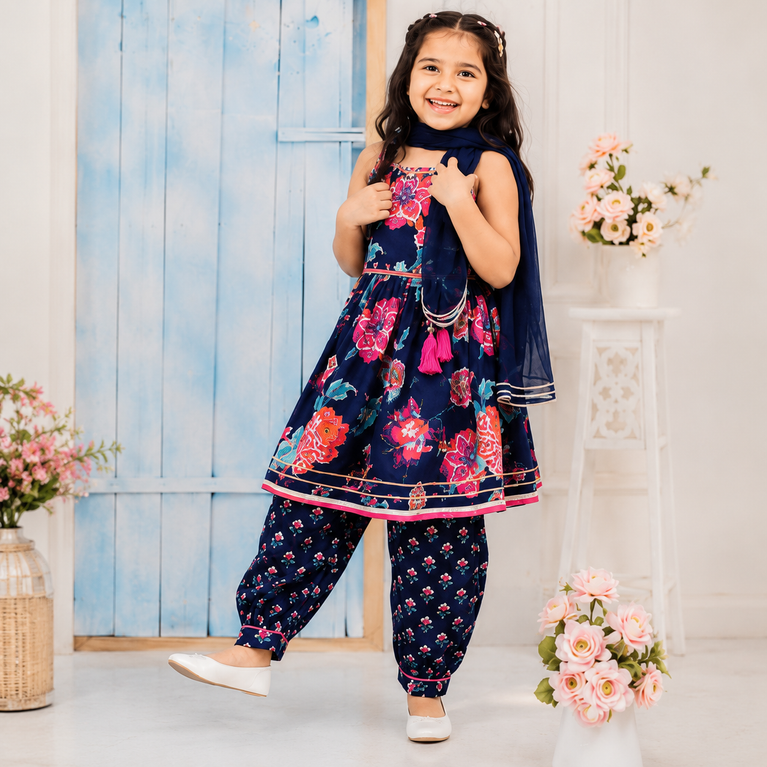 Navy Blue Floral Printed Kurti with Dhoti Pants &amp; Dupatta Set | Kids Ethnic Festive Wear | Traditional Co-ord Outfit