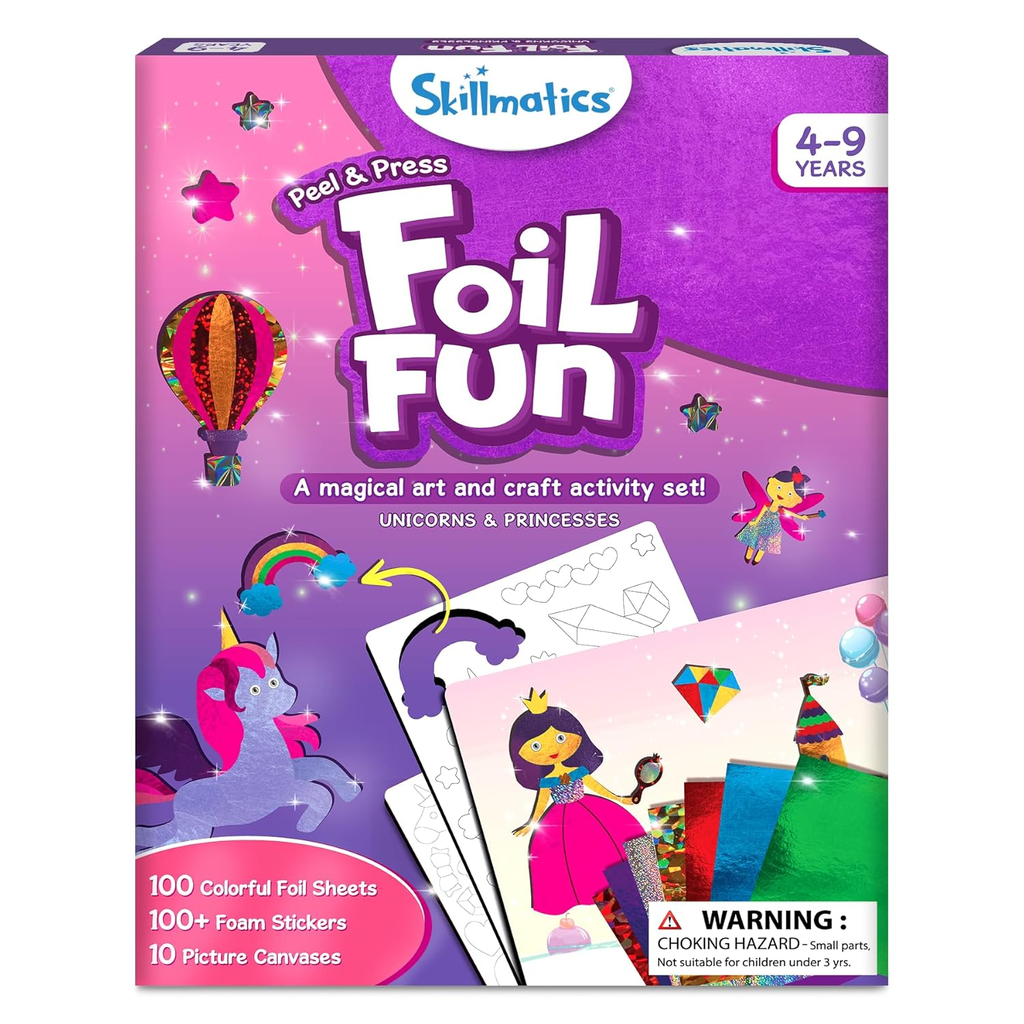 Skillmatics Peel &amp; Press Foil Fun Unicorns &amp; Princesses Art &amp; Craft Activity Kit for Kids | 100 Foil Sheets, 100+ Foam Stickers &amp; 10 Picture Canvases | Ages 4–9 Years