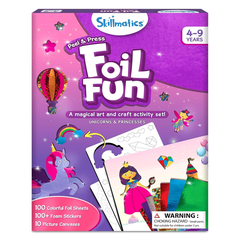 Skillmatics Peel &amp; Press Foil Fun Unicorns &amp; Princesses Art &amp; Craft Activity Kit for Kids | 100 Foil Sheets, 100+ Foam Stickers &amp; 10 Picture Canvases | Ages 4–9 Years