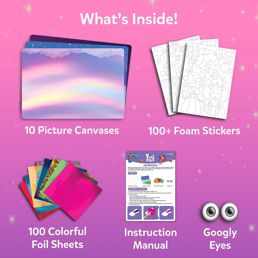 Skillmatics Peel &amp; Press Foil Fun Unicorns &amp; Princesses Art &amp; Craft Activity Kit for Kids | 100 Foil Sheets, 100+ Foam Stickers &amp; 10 Picture Canvases | Ages 4–9 Years