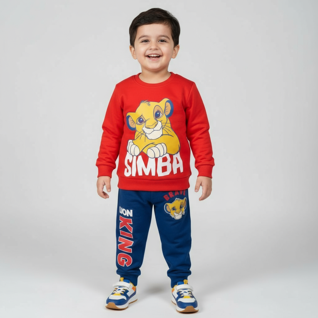 Cucumber-Fleece Knit Full Sleeves Co-Ord Winter Wear T-Shirt & Joggers Set with The Lion King Simba Print