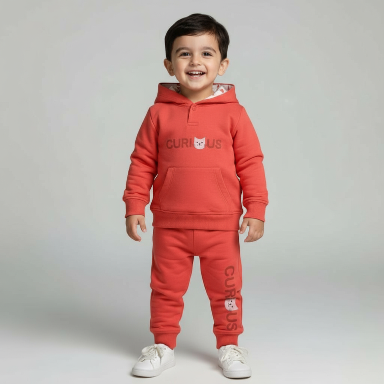 Doreme- Cotton Knit Full Sleeves Baby Apex Hoodie Co-Ord Set With Text Print