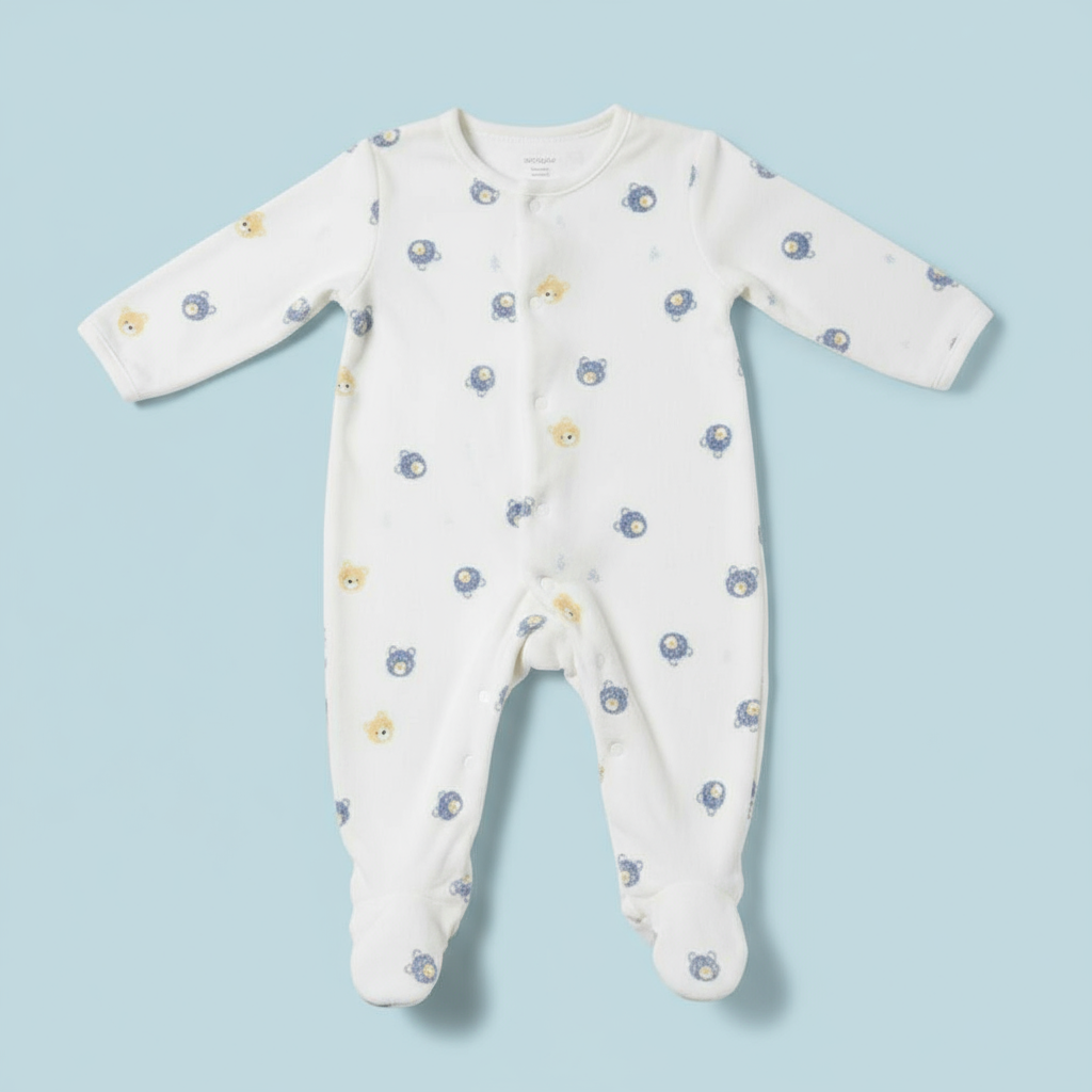 Velour Knit Full Sleeves Winter Wear Footed Sleep Suit