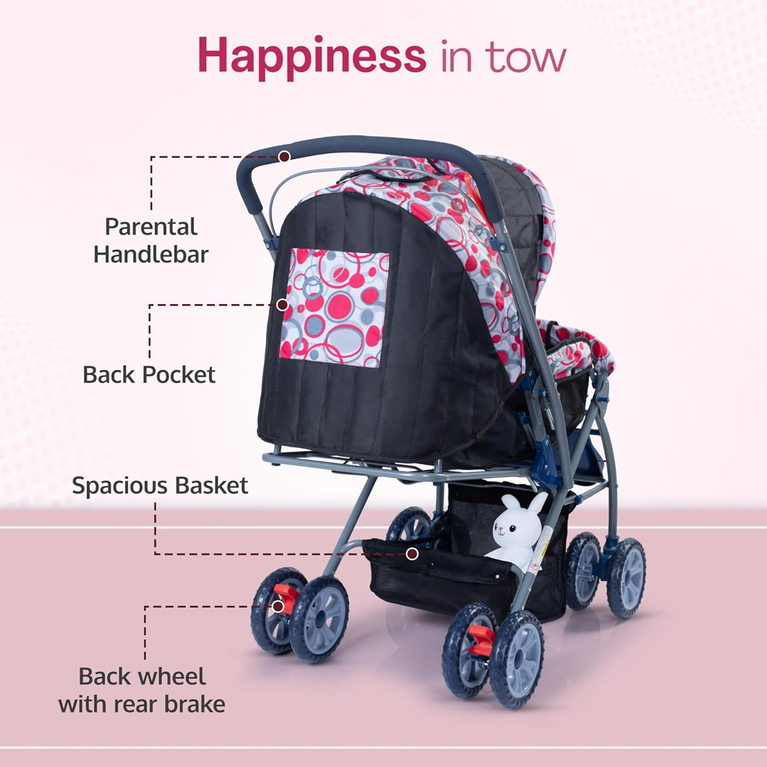 Premium Baby Stroller for Infants & Toddlers – Foldable Lightweight Pram with Safety Harness, Storage Basket & Canopy | Pink Bubble Print