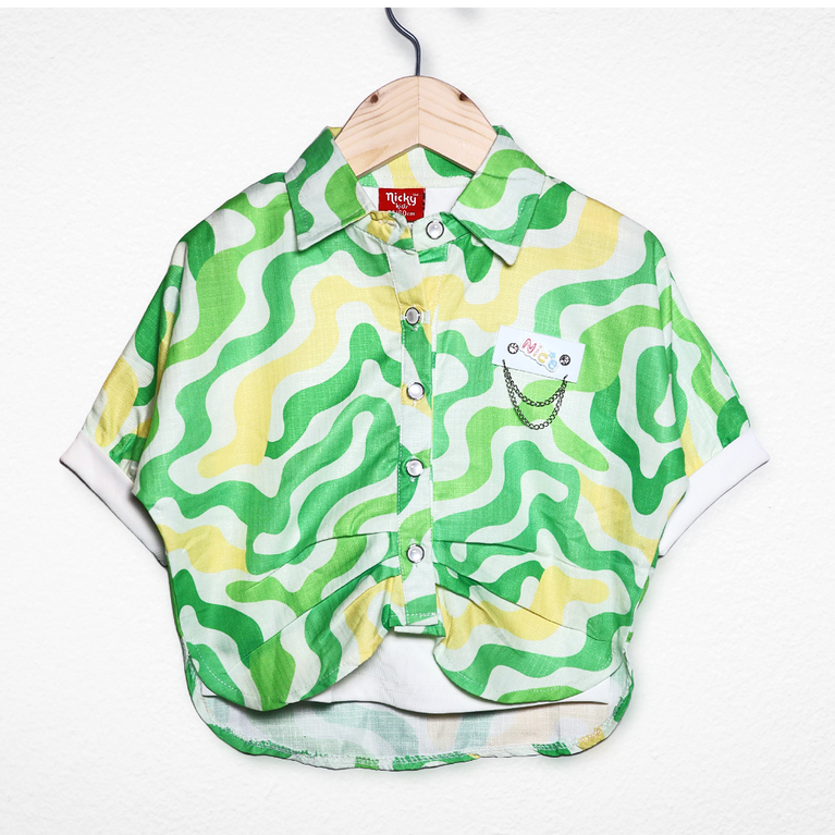 Nicky Kids - Wavy Print Half Sleeve Shirt for Girls – Green & Yellow