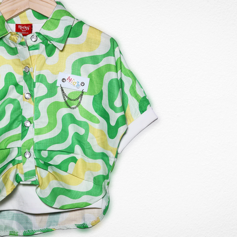 Nicky Kids - Wavy Print Half Sleeve Shirt for Girls – Green & Yellow