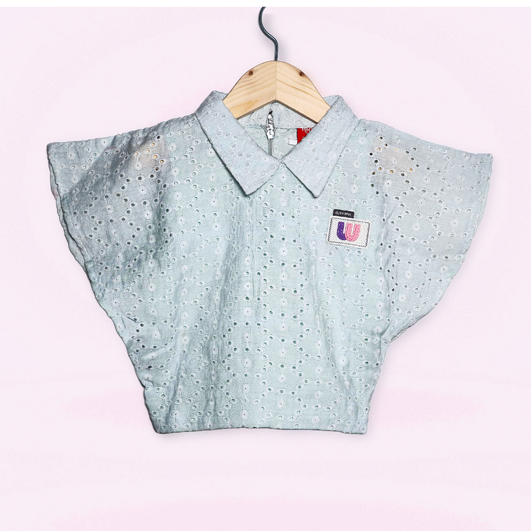 Nicky Kids- Girls’ Sky Blue Embroidered Cotton Top with Collar