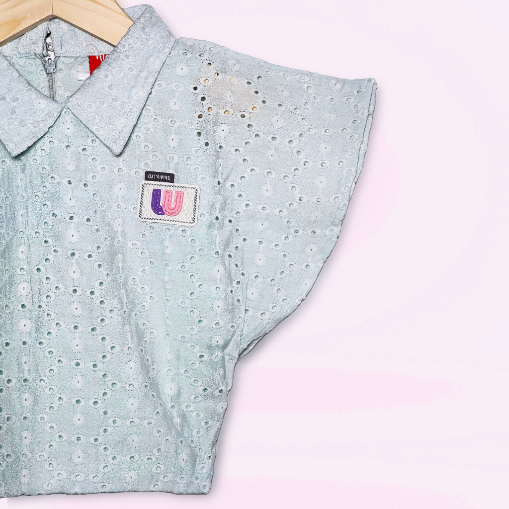 Nicky Kids- Girls’ Sky Blue Embroidered Cotton Top with Collar