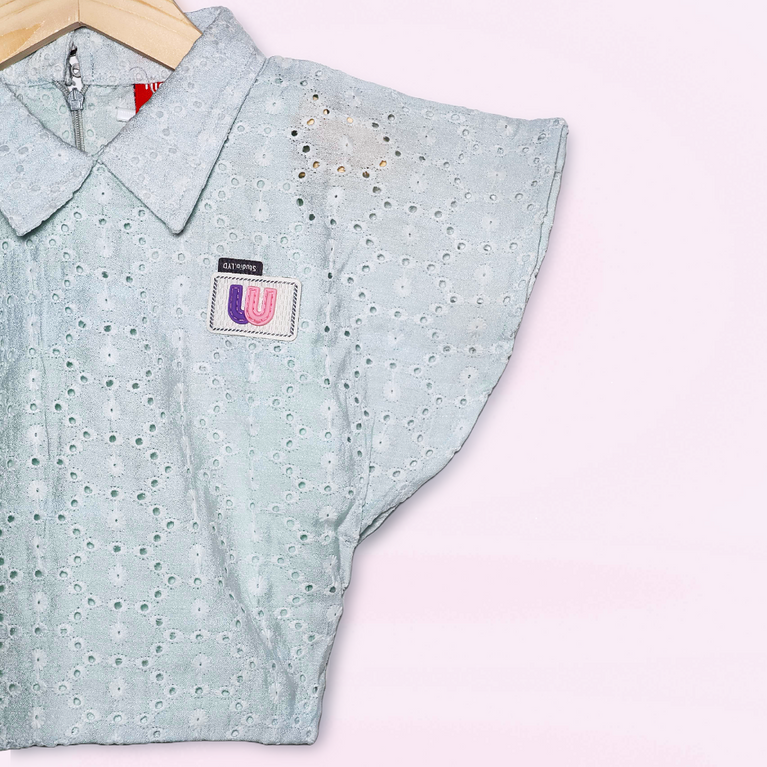 Nicky Kids- Girls’ Sky Blue Embroidered Cotton Top with Collar