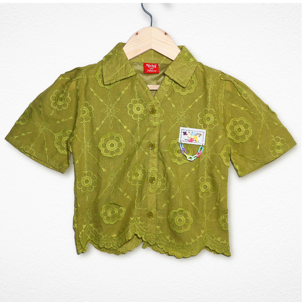 Nicky Kids - Girls Embroidered Cotton Top with Collar – Olive Green