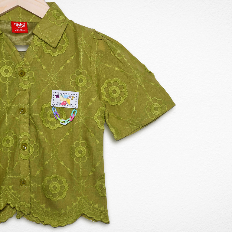 Nicky Kids - Girls Embroidered Cotton Top with Collar – Olive Green