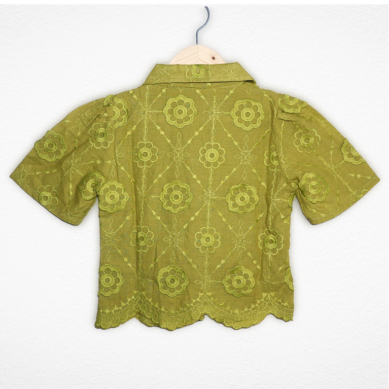 Nicky Kids - Girls Embroidered Cotton Top with Collar – Olive Green