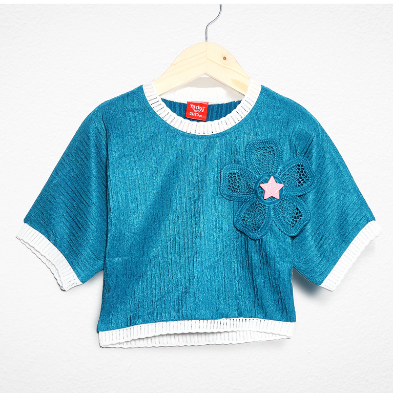 Nicky Kids-Cute Teal Blue Ribbed Baby Girl Top with White Trim & Crochet Flower