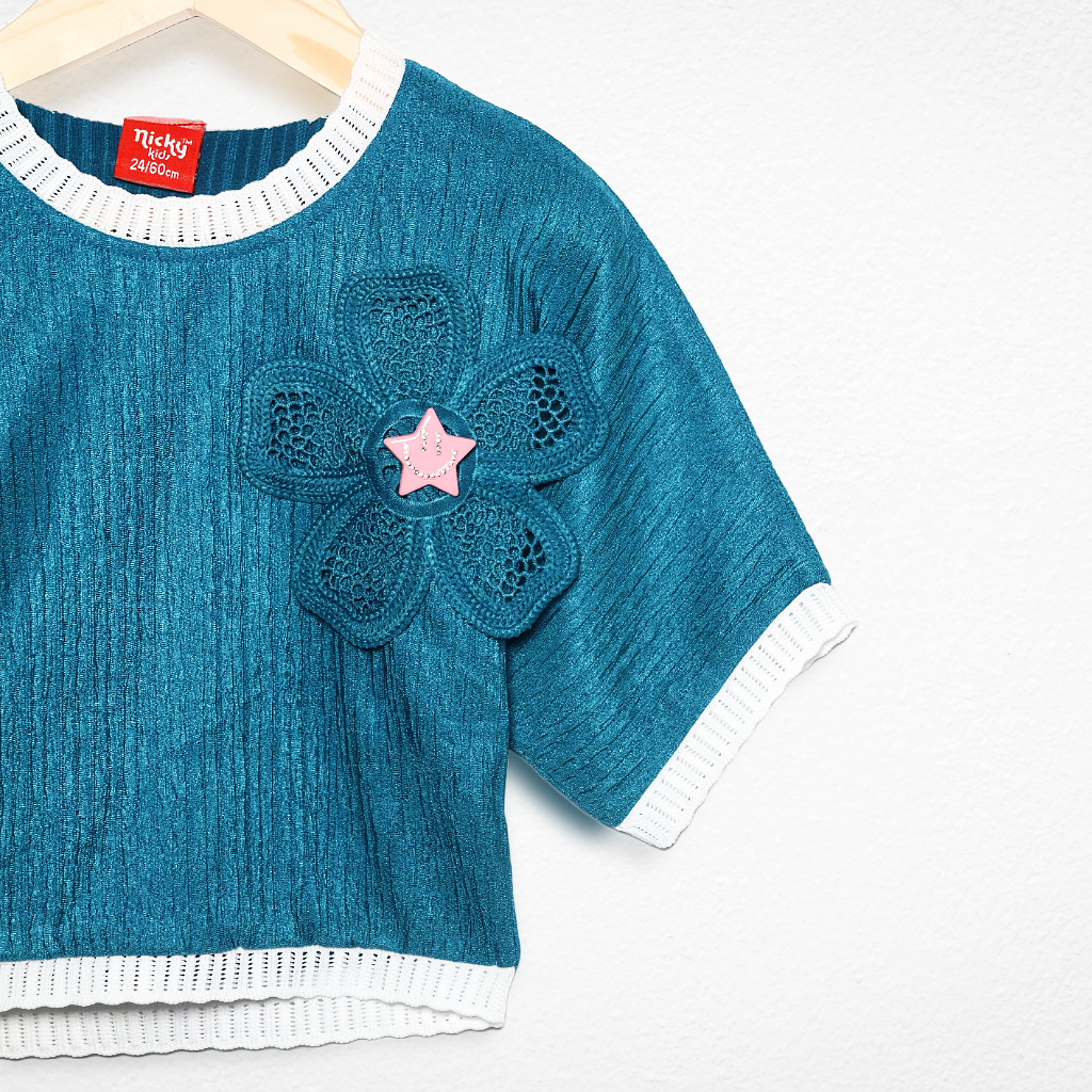 Nicky Kids-Cute Teal Blue Ribbed Baby Girl Top with White Trim & Crochet Flower