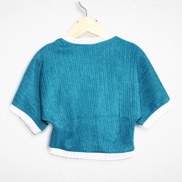 Nicky Kids-Cute Teal Blue Ribbed Baby Girl Top with White Trim & Crochet Flower