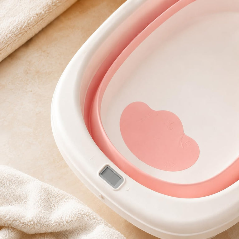 Premium Foldable Baby Bath Tub with Temperature Sensor & Soft Cushion Support | Portable Non-Toxic Infant Bathtub for Newborns & Toddlers (0–24 Months) | Space-Saving Baby Bathing Tub