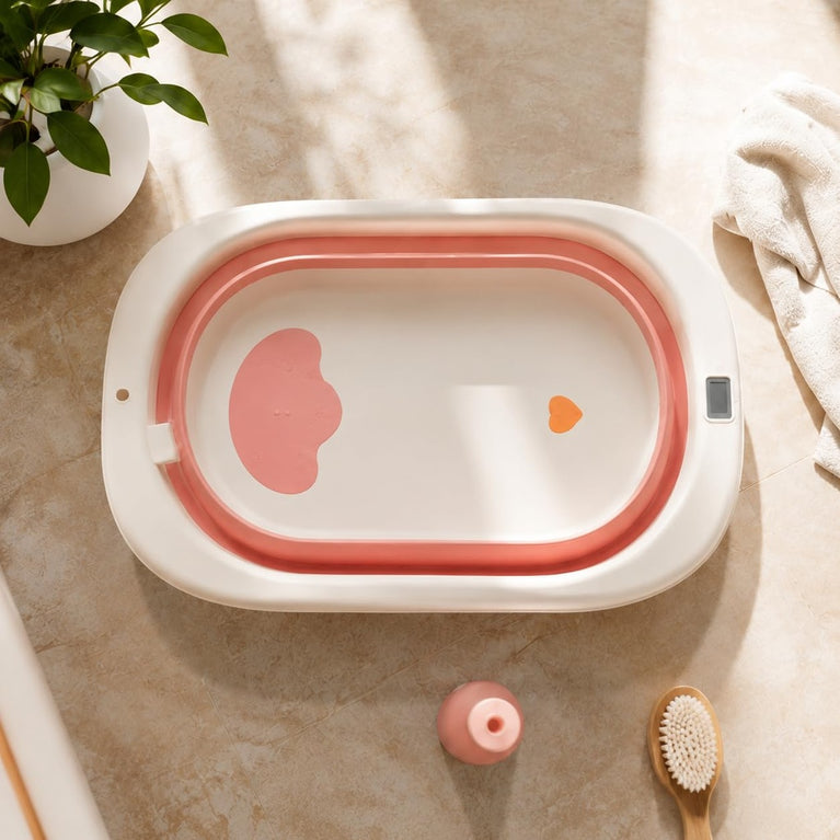 Premium Foldable Baby Bath Tub with Temperature Sensor & Soft Cushion Support | Portable Non-Toxic Infant Bathtub for Newborns & Toddlers (0–24 Months) | Space-Saving Baby Bathing Tub