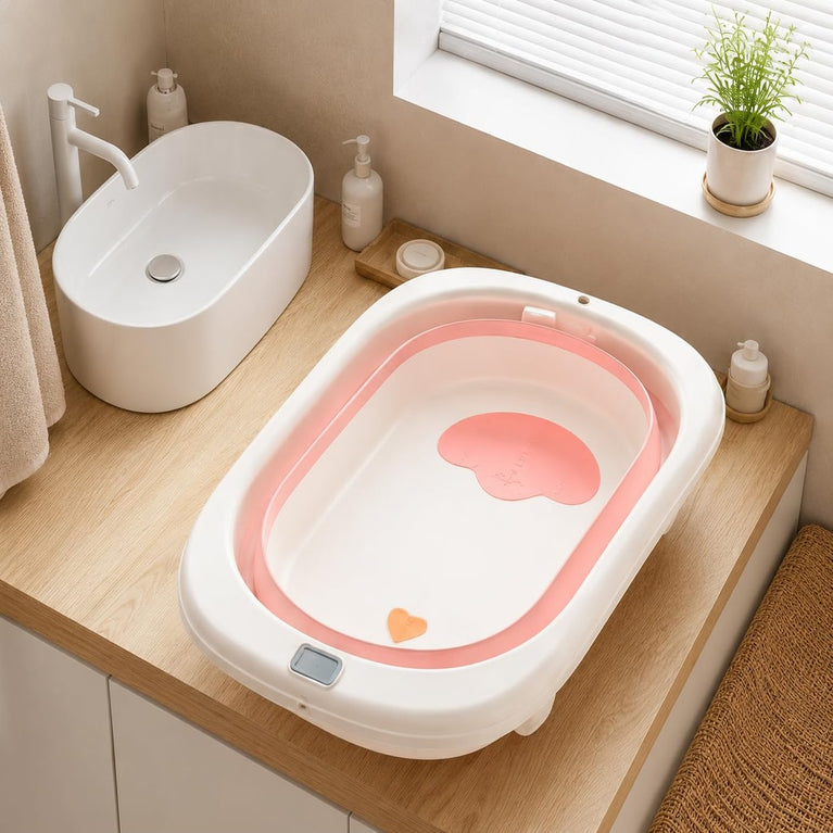 Premium Foldable Baby Bath Tub with Temperature Sensor & Soft Cushion Support | Portable Non-Toxic Infant Bathtub for Newborns & Toddlers (0–24 Months) | Space-Saving Baby Bathing Tub