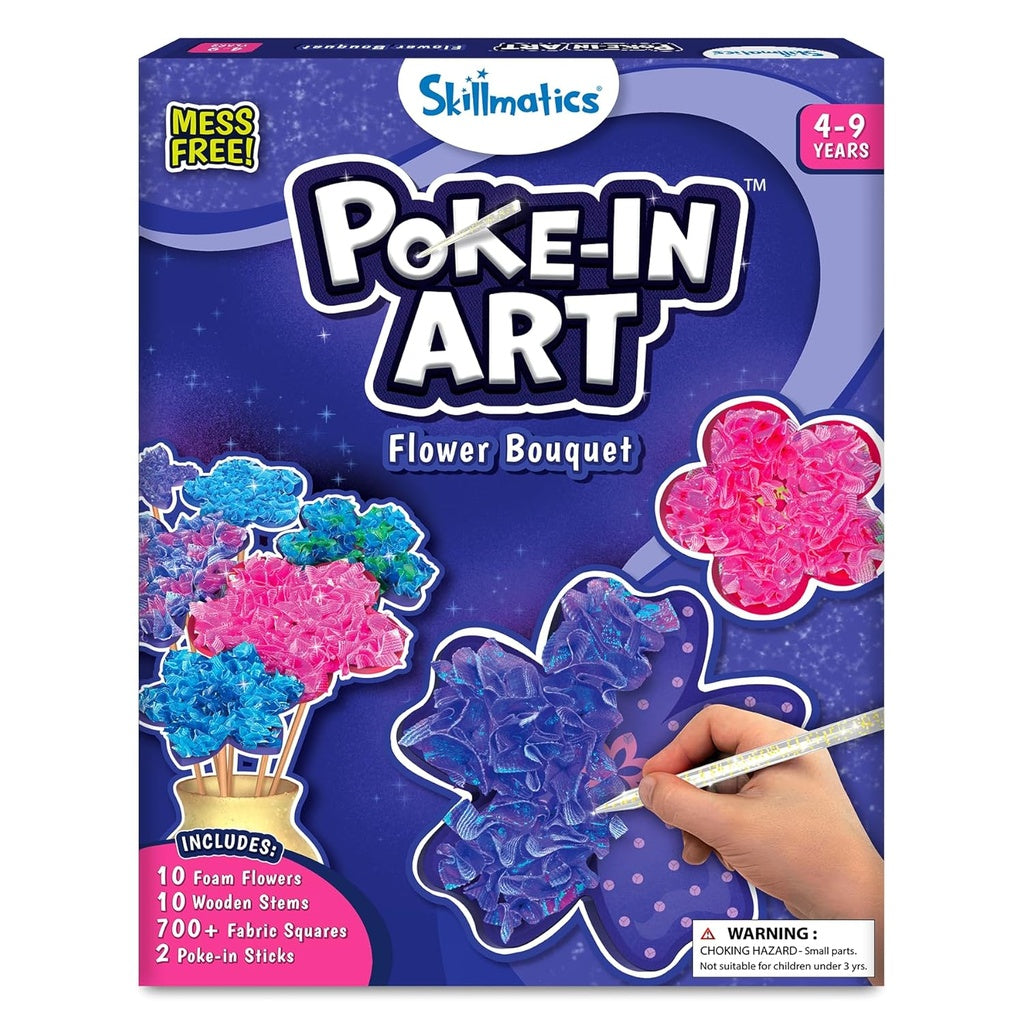 Skillmatics Poke-In Art Flower Bouquet Mess-Free DIY Craft Kit for Kids | 10 Foam Flowers, 10 Wooden Stems &amp; 700+ Fabric Squares | Ages 4–9 Years