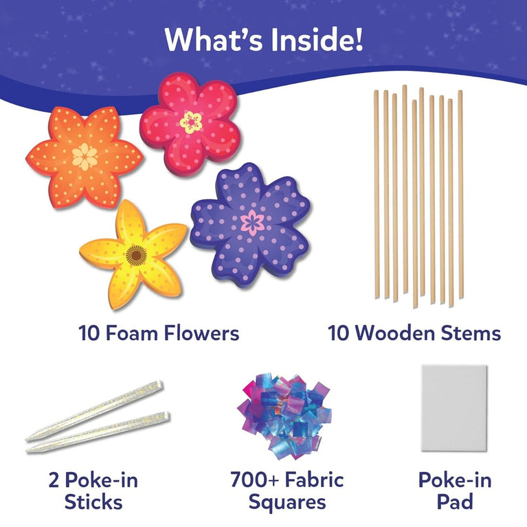 Skillmatics Poke-In Art Flower Bouquet Mess-Free DIY Craft Kit for Kids | 10 Foam Flowers, 10 Wooden Stems &amp; 700+ Fabric Squares | Ages 4–9 Years