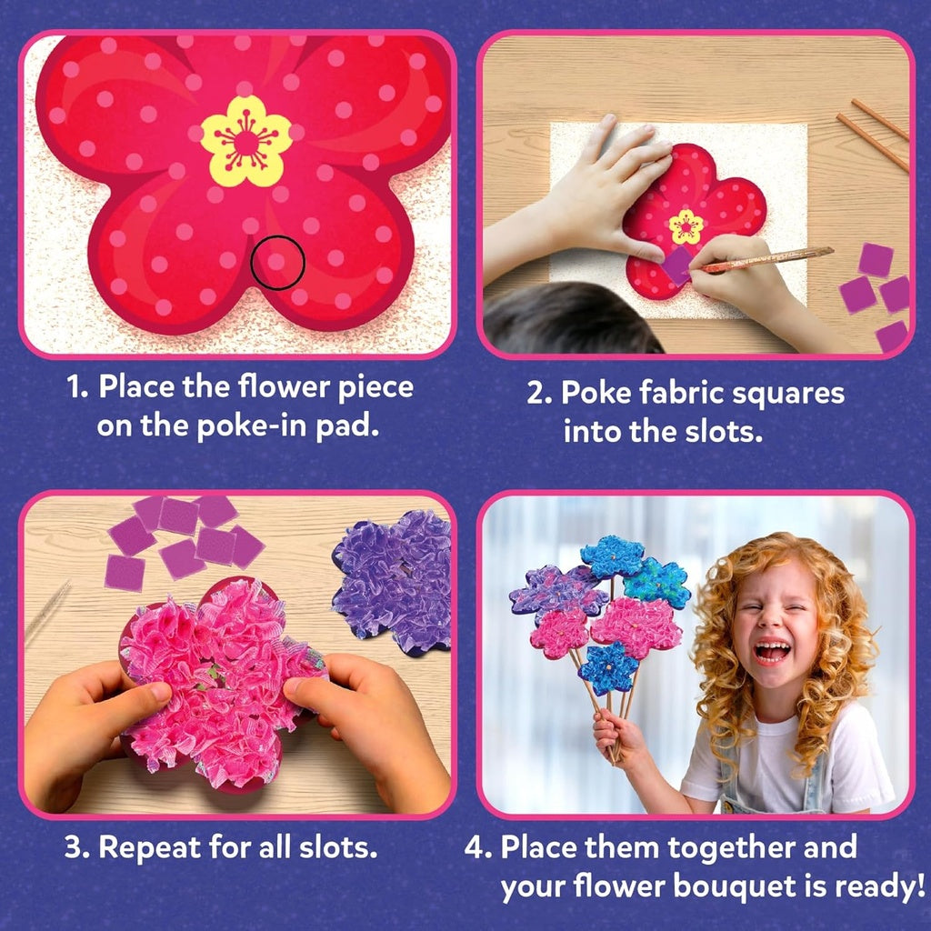 Skillmatics Poke-In Art Flower Bouquet Mess-Free DIY Craft Kit for Kids | 10 Foam Flowers, 10 Wooden Stems &amp; 700+ Fabric Squares | Ages 4–9 Years