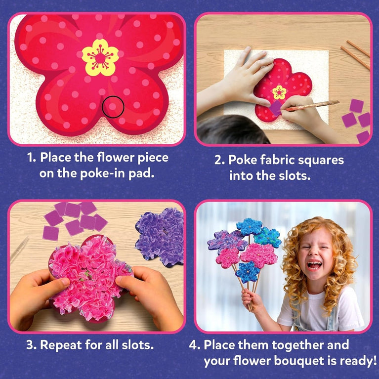 Skillmatics Poke-In Art Flower Bouquet Mess-Free DIY Craft Kit for Kids | 10 Foam Flowers, 10 Wooden Stems &amp; 700+ Fabric Squares | Ages 4–9 Years