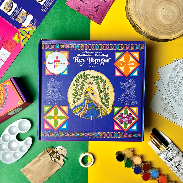 DIY Madhubani Painting Key Hanger Kit for Kids and Adults | Traditional Indian Art Craft Kit with Wooden Base, Paints & Brushes