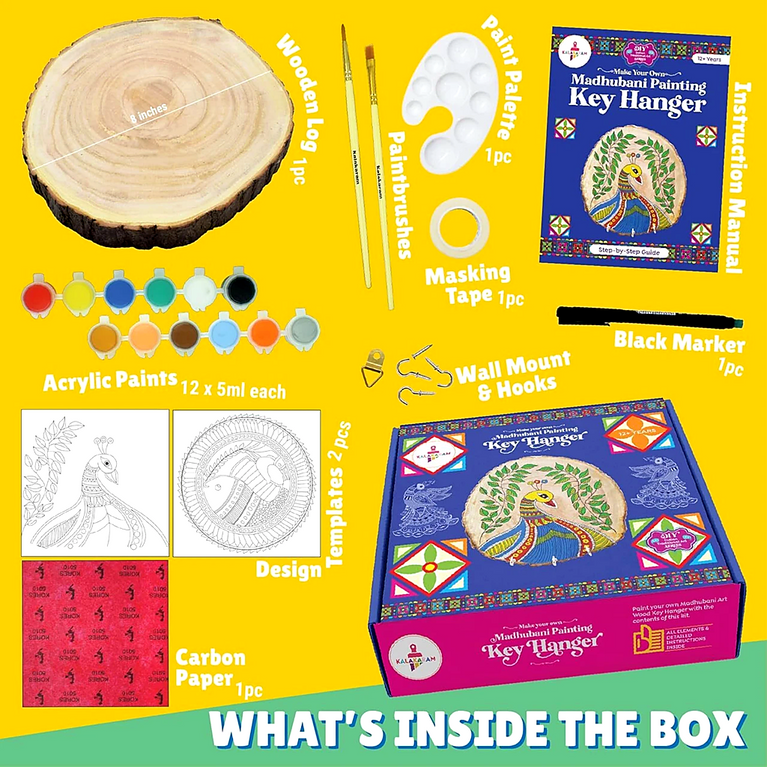 DIY Madhubani Painting Key Hanger Kit for Kids and Adults | Traditional Indian Art Craft Kit with Wooden Base, Paints & Brushes