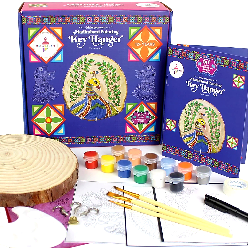 DIY Madhubani Painting Key Hanger Kit for Kids and Adults | Traditional Indian Art Craft Kit with Wooden Base, Paints & Brushes