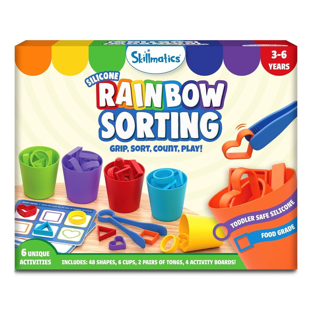 Skillmatics Silicone Rainbow Sorting Activity Set for Kids | Grip, Sort, Count &amp; Play | 48 Shapes, 6 Cups, Tongs &amp; Activity Boards | Ages 3–6 Years