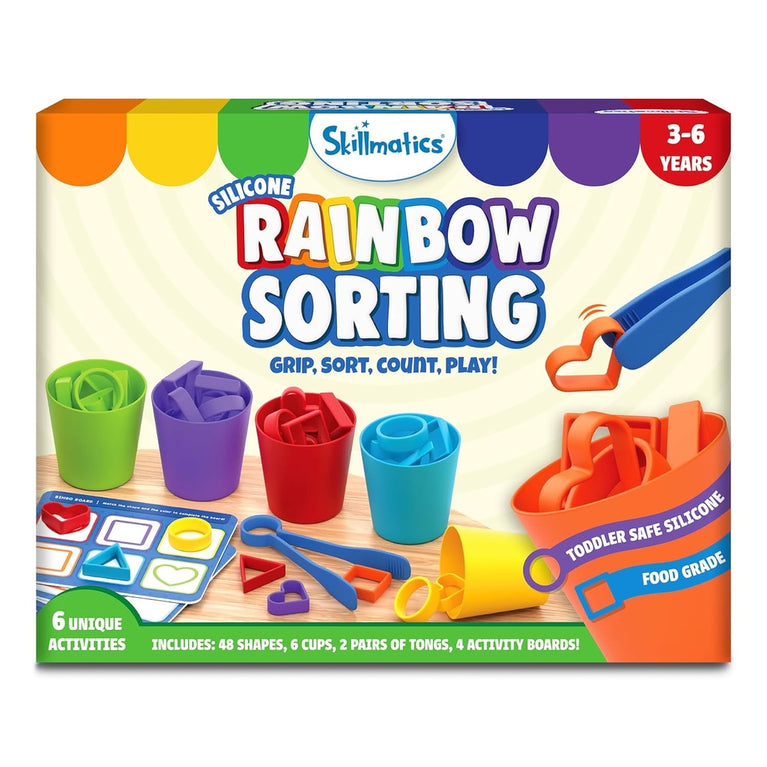 Skillmatics Silicone Rainbow Sorting Activity Set for Kids | Grip, Sort, Count &amp; Play | 48 Shapes, 6 Cups, Tongs &amp; Activity Boards | Ages 3–6 Years