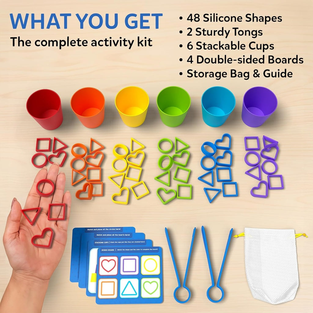 Skillmatics Silicone Rainbow Sorting Activity Set for Kids | Grip, Sort, Count &amp; Play | 48 Shapes, 6 Cups, Tongs &amp; Activity Boards | Ages 3–6 Years