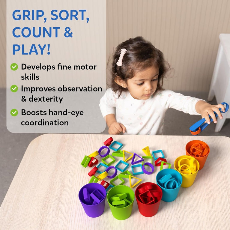 Skillmatics Silicone Rainbow Sorting Activity Set for Kids | Grip, Sort, Count &amp; Play | 48 Shapes, 6 Cups, Tongs &amp; Activity Boards | Ages 3–6 Years