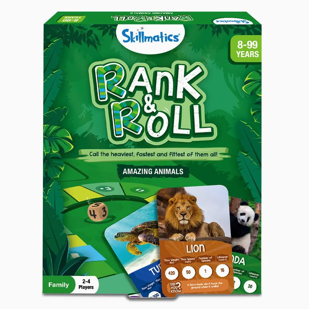 Skillmatics Rank & Roll Amazing Animals Family Board Game | Educational Strategy & Trivia Game for 2–4 Players | Ages 8–99 Years