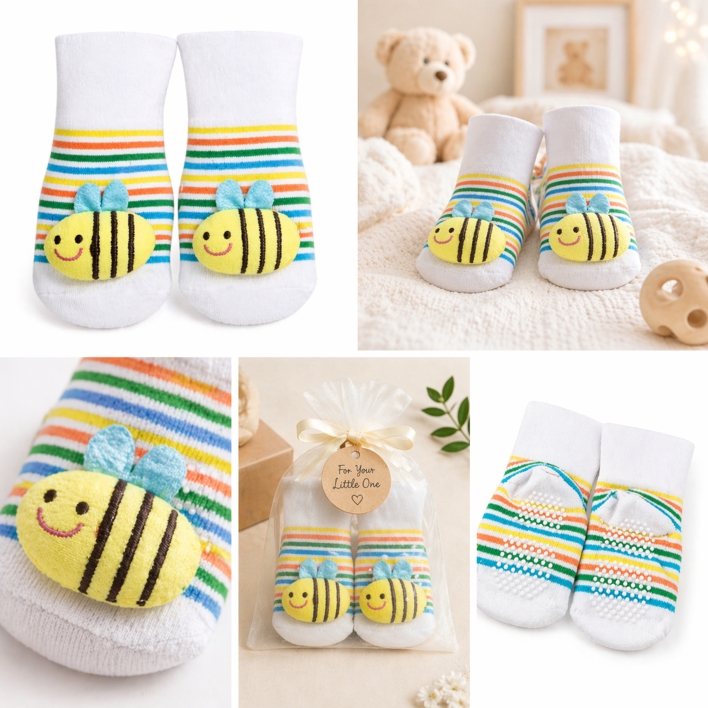 Cute Bee Baby Socks with Anti-Slip Grip – Soft Cotton Striped Socks for Infants & Toddlers