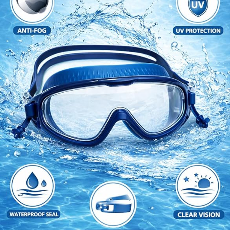 Swimming Goggles for Kids and Adults Anti Fog UV Protection Wide View Big Glasses with Connected Ear Plugs