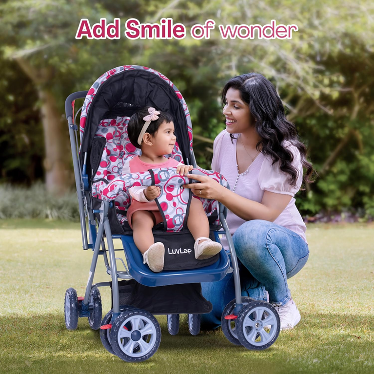 Premium Baby Stroller for Infants & Toddlers – Foldable Lightweight Pram with Safety Harness, Storage Basket & Canopy | Pink Bubble Print