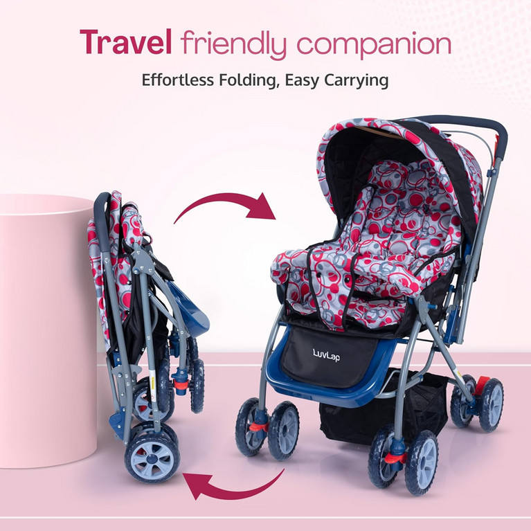 Premium Baby Stroller for Infants & Toddlers – Foldable Lightweight Pram with Safety Harness, Storage Basket & Canopy | Pink Bubble Print