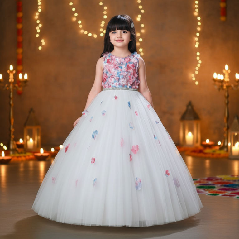 Panicky-Net Fit & Flare Party Gown with Floral Applique Maxi Dress